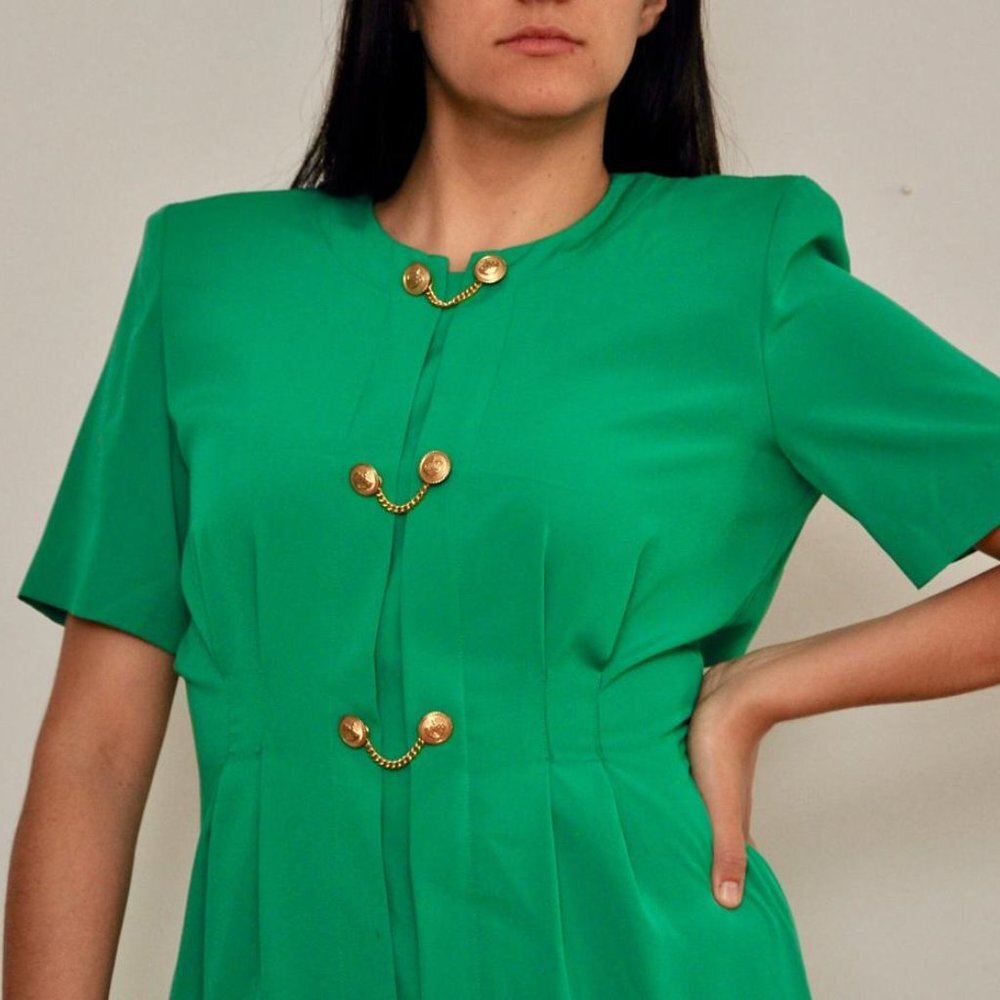 Vintage 1980s Green Military Style Bodycon Dress with Gold Buttons, Size 8 - Picture 4 of 10